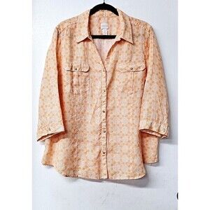 CHICO'S Peach Floral 100% Linen Long Sleeve Button-Up Women Shirt (3)